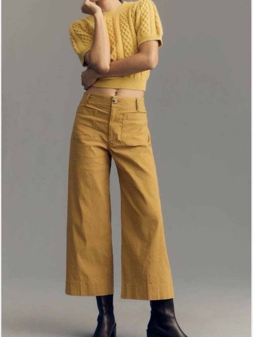 Anthropologie Maeve Colette Cropped Wide-Leg Magic Fabric Pants 29 Khaki / Gold